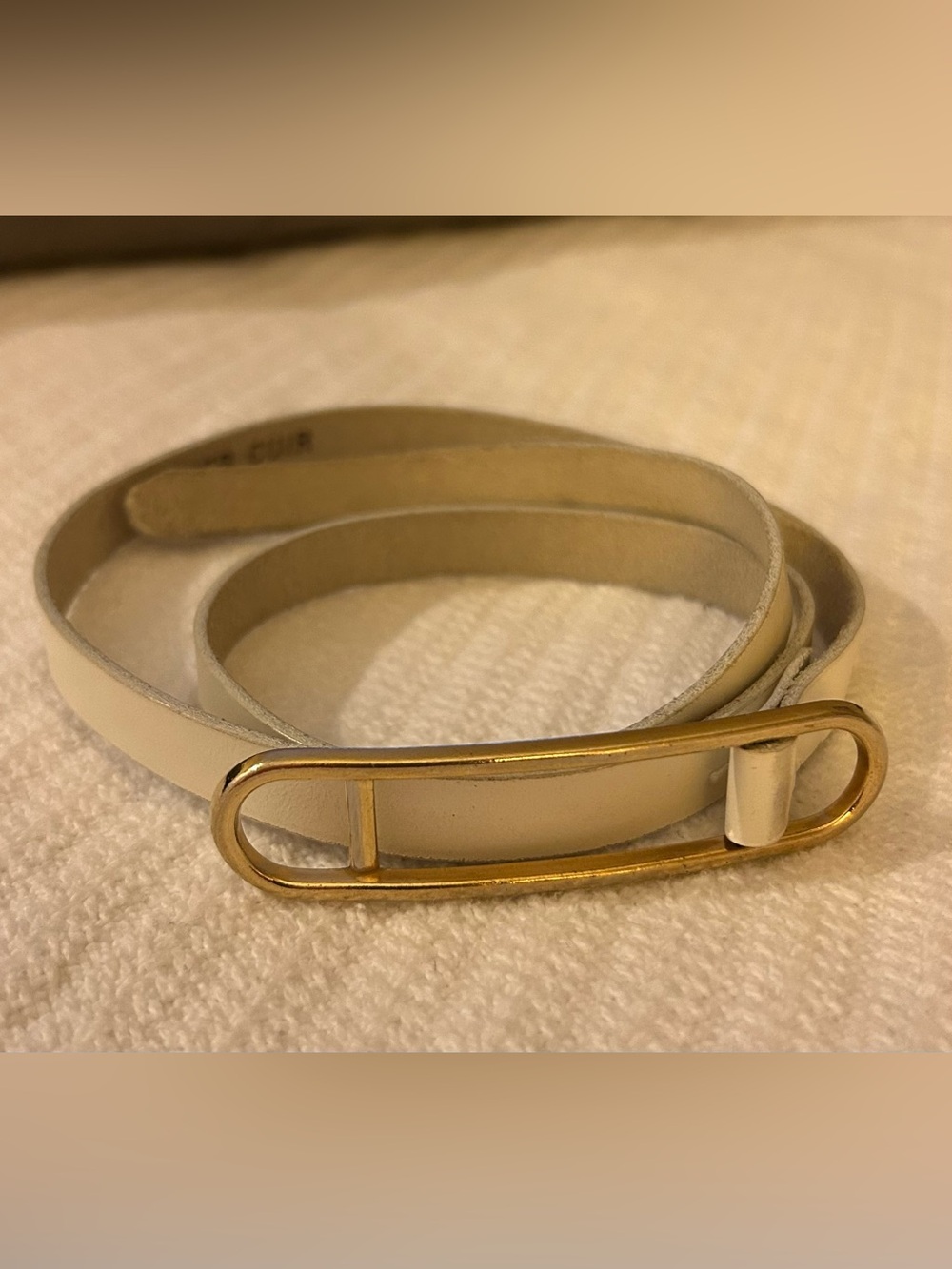 Vintage Emmanuel Made in Canada Slim Cream Leather Belt with Gold Oval buckle